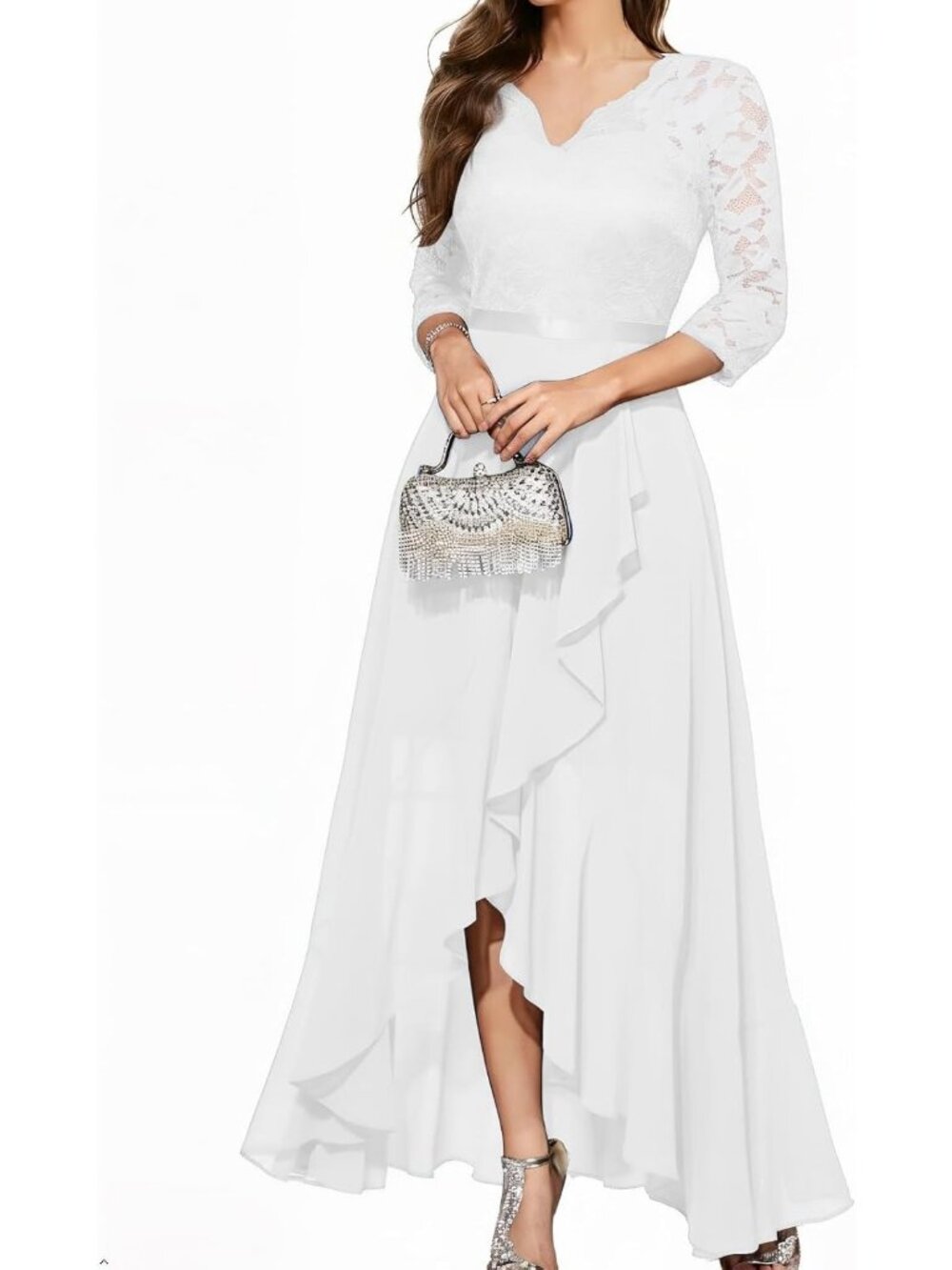Women's White V-Neck Half Sleeve Floral Lace Cocktail Party Bridesmaid Dresses